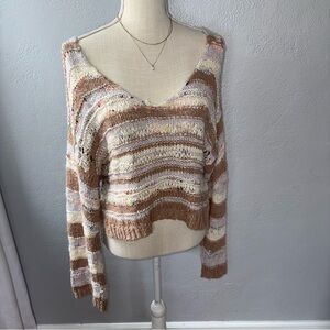 Free People Striped V-Neck Sweater in Brown & Cream